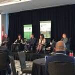 From L to R: Michael Harvey, executive director, Canadian Agri-Food Trade Alliance (CAFTA), Alanna Koch, board chair, Global Institute for Food Security, Scott Ross, executive director, Canadian Federation of Agriculture, Kate Harrison, vice-chair, Summa Strategies Canada, and Mike Wilson, executive director, Smart Prosperity Institute, speak during a panel session at the Canadian Agri-Food Policy Institute’s conference in Ottawa Oct. 2.