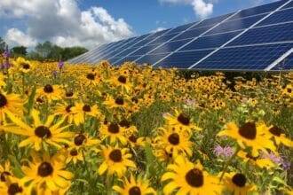 Yellow flowers in front of a solar panel