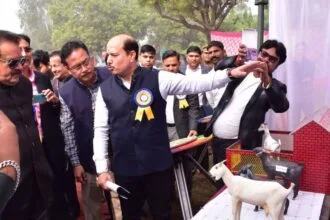 बकरी महाकुंभ में स्टॉल देखते केन्द्रीय राज्यमंत्री एसपी सिंह बघेल.
