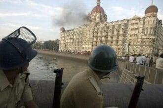 Police personnel outside the Taj Mahal Hotel during the siege by terrorists in Mumbai, on 25 November 2008