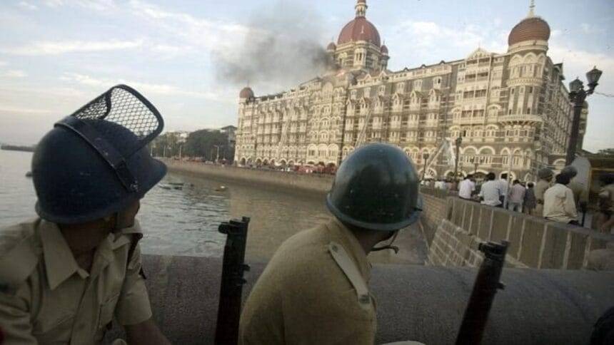 Police personnel outside the Taj Mahal Hotel during the siege by terrorists in Mumbai, on 25 November 2008